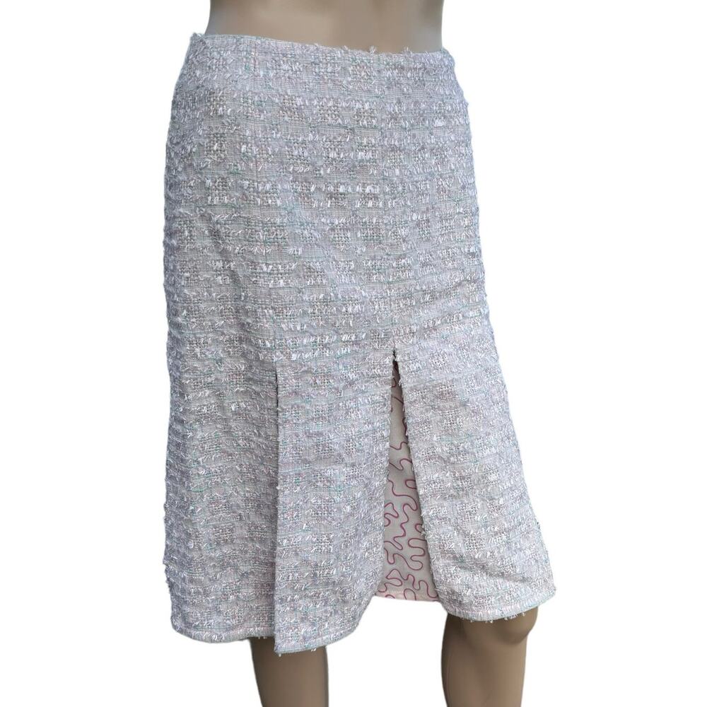 Escada Pink Blue Glitter Tweed Inverted Pleat Slit Skirt Logo Lined DE 34 US 4